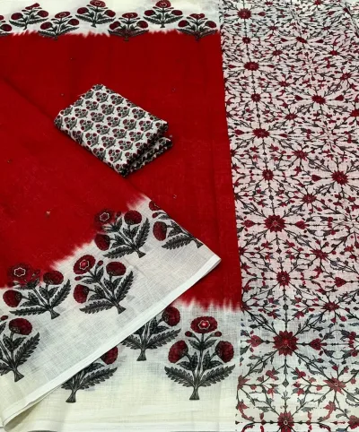 Floral Linen Printed Saree - Tomato Red